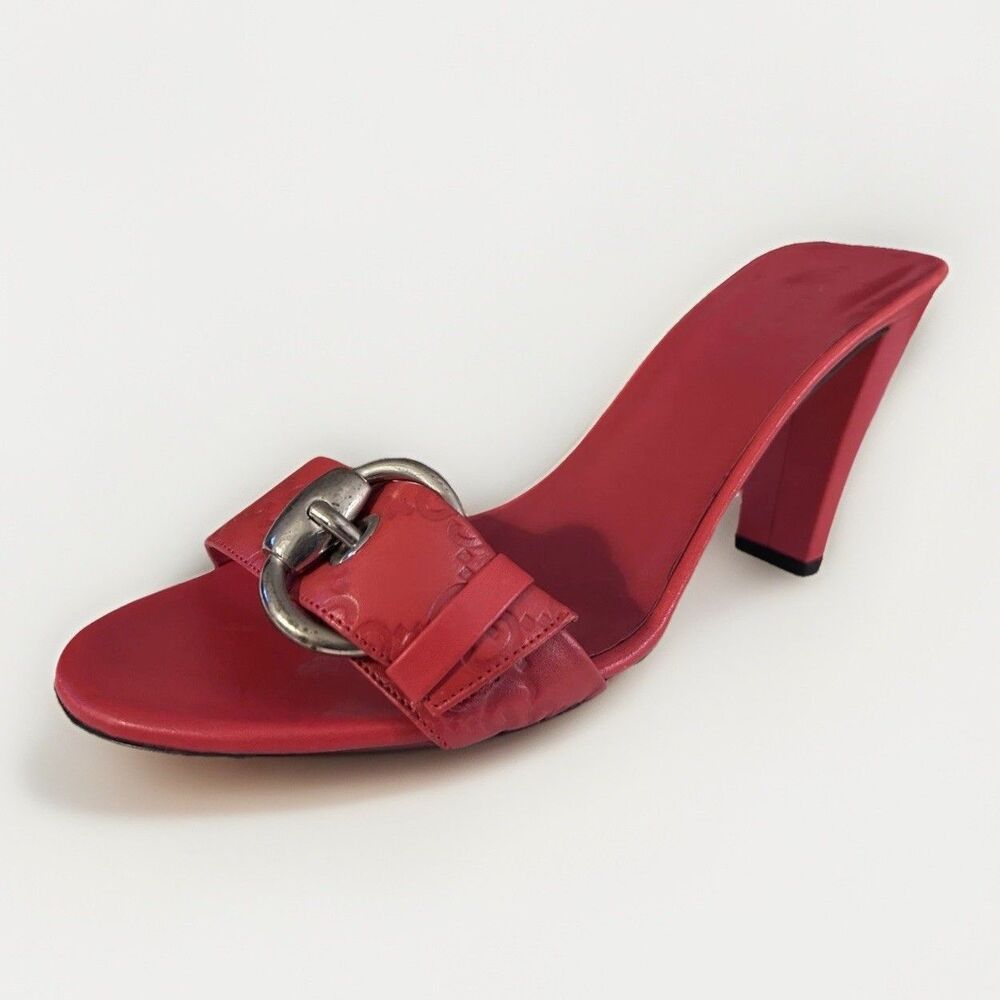 RARE Vintage Gucci Hibiscus Red Leather Horsebit Mules NWOT Collector 7 Wide